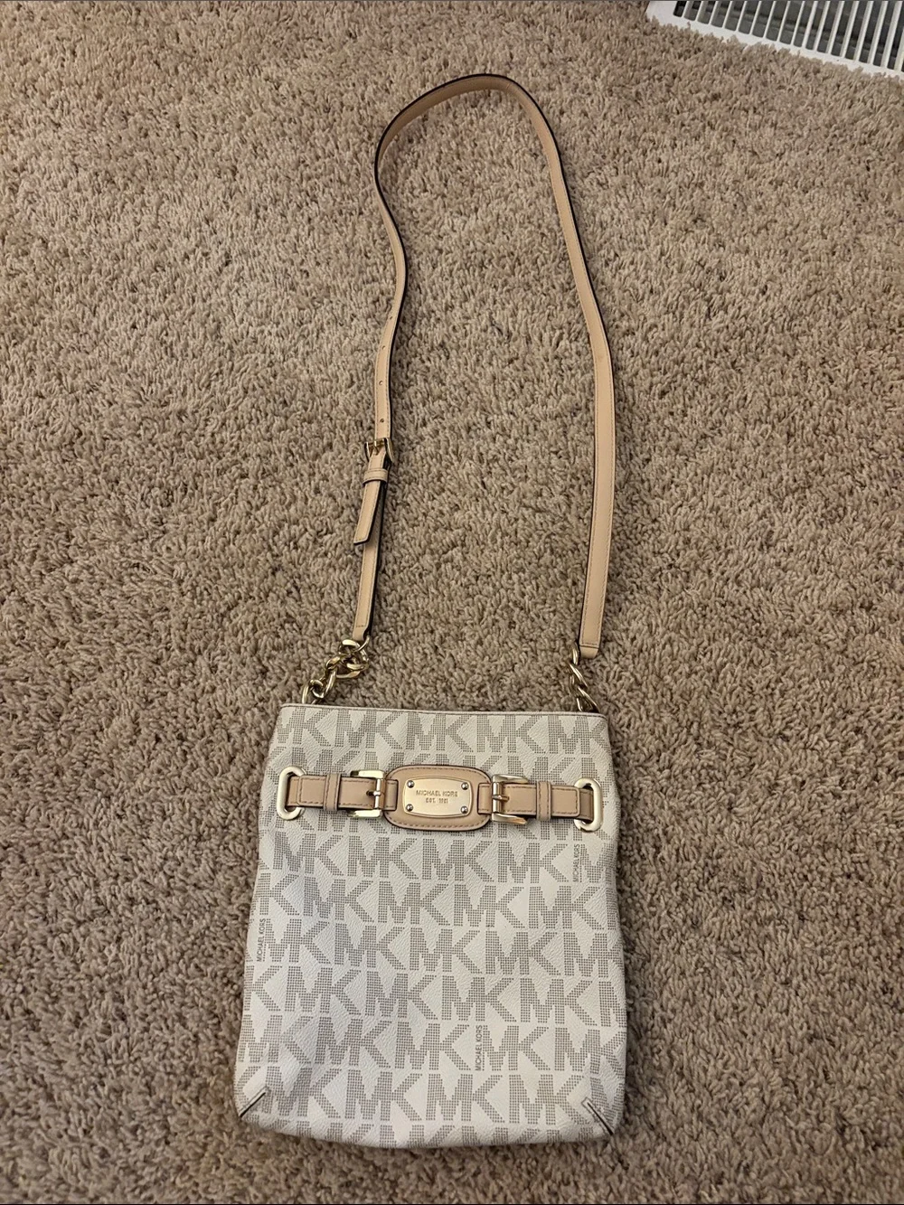 Michael Kors Light Beige MK Signature Crossbody with Gold Hardware